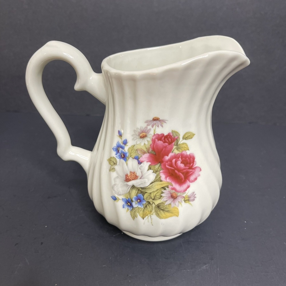 Formalities by Baum Brothers Floral Pitcher Roses Daisy Leaves 6" Tall 16 oz